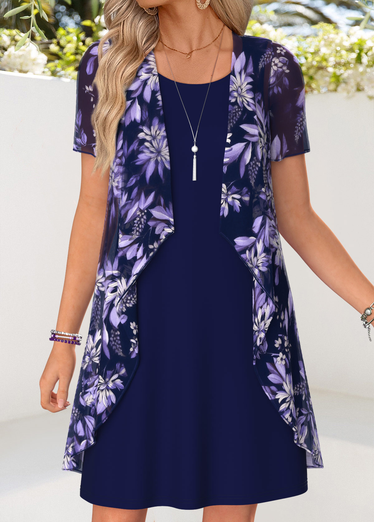 Navy Floral Print Short Two-piece Dress and Cardigan | picture 