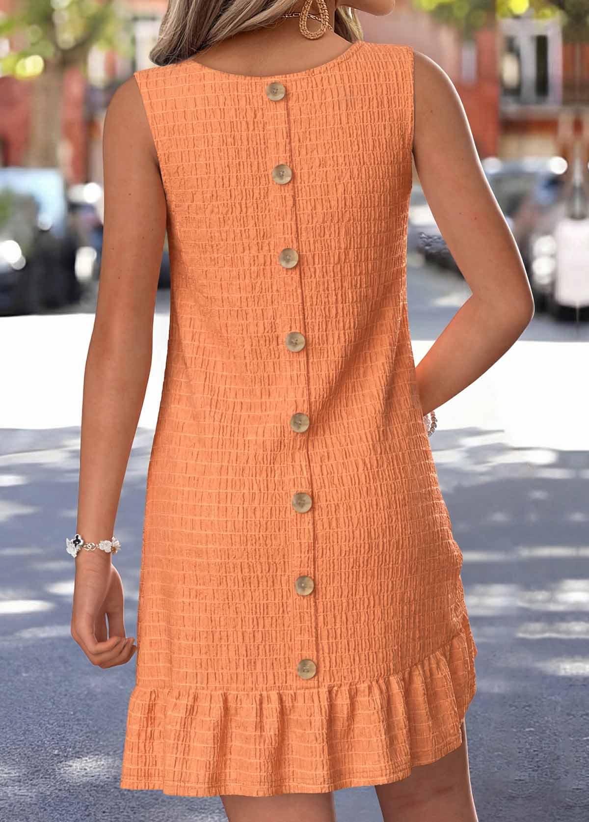 Orange Short Tuck Stitch Sleeveless Round Neck Dress | picture 