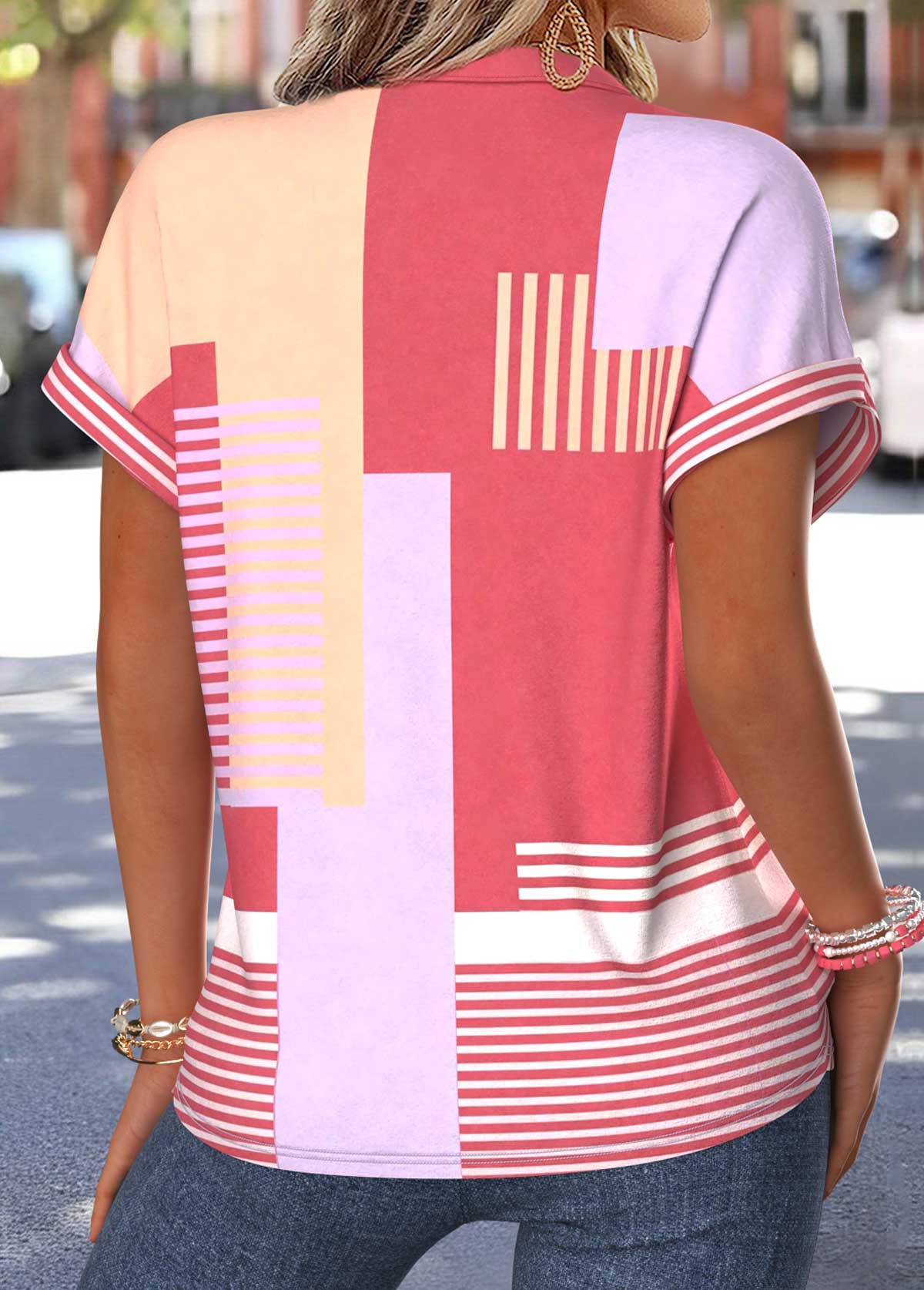 Multi Color Geometric Print Tummy Coverage Short Sleeve Blouse | picture 