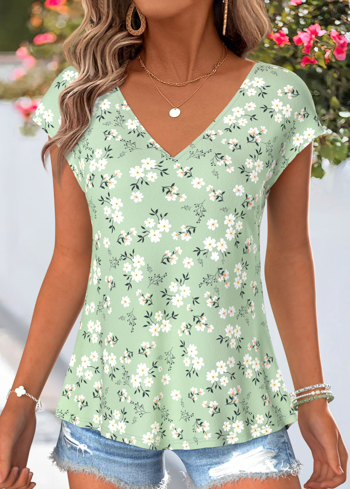 Light Green Floral Print Bowknot Short Sleeve T Shirt | picture 
