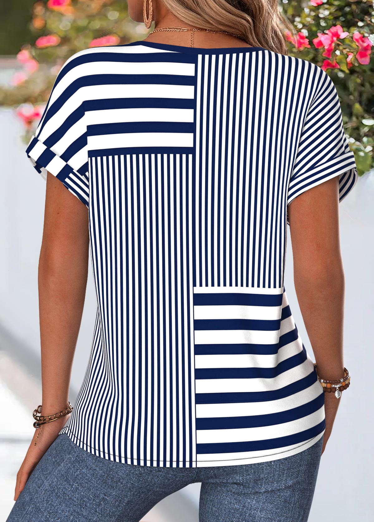 Navy Striped Tummy Coverage Short Sleeve Split Neck Blouse | picture 