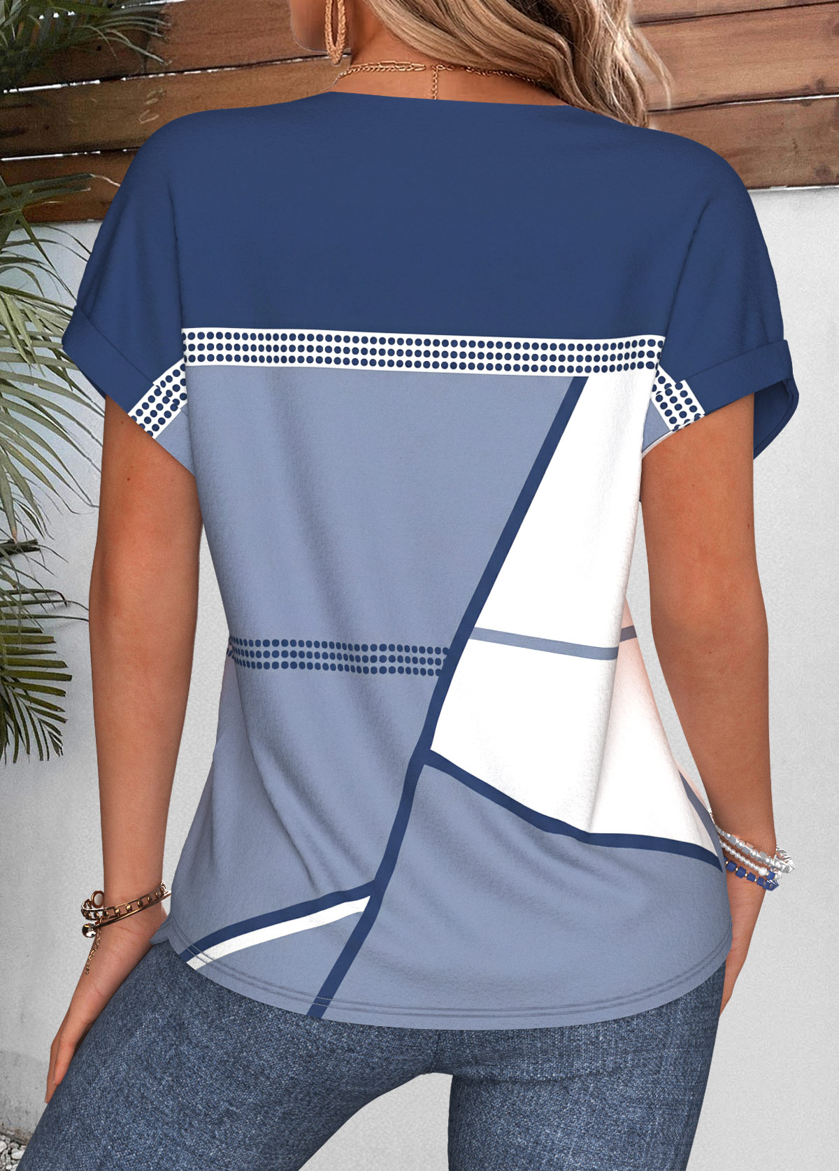 Dusty Blue Geometric Print Tummy Coverage T Shirt | picture 