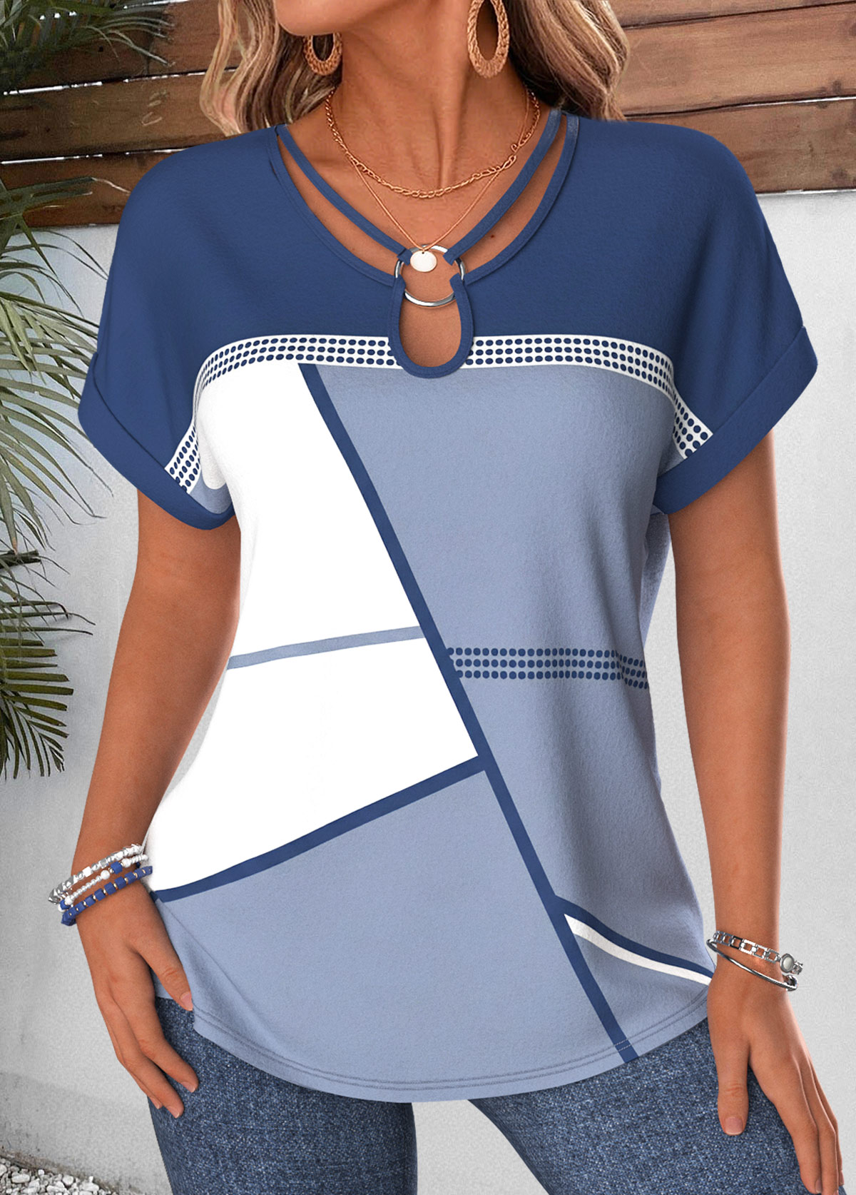 Dusty Blue Geometric Print Tummy Coverage T Shirt | picture 