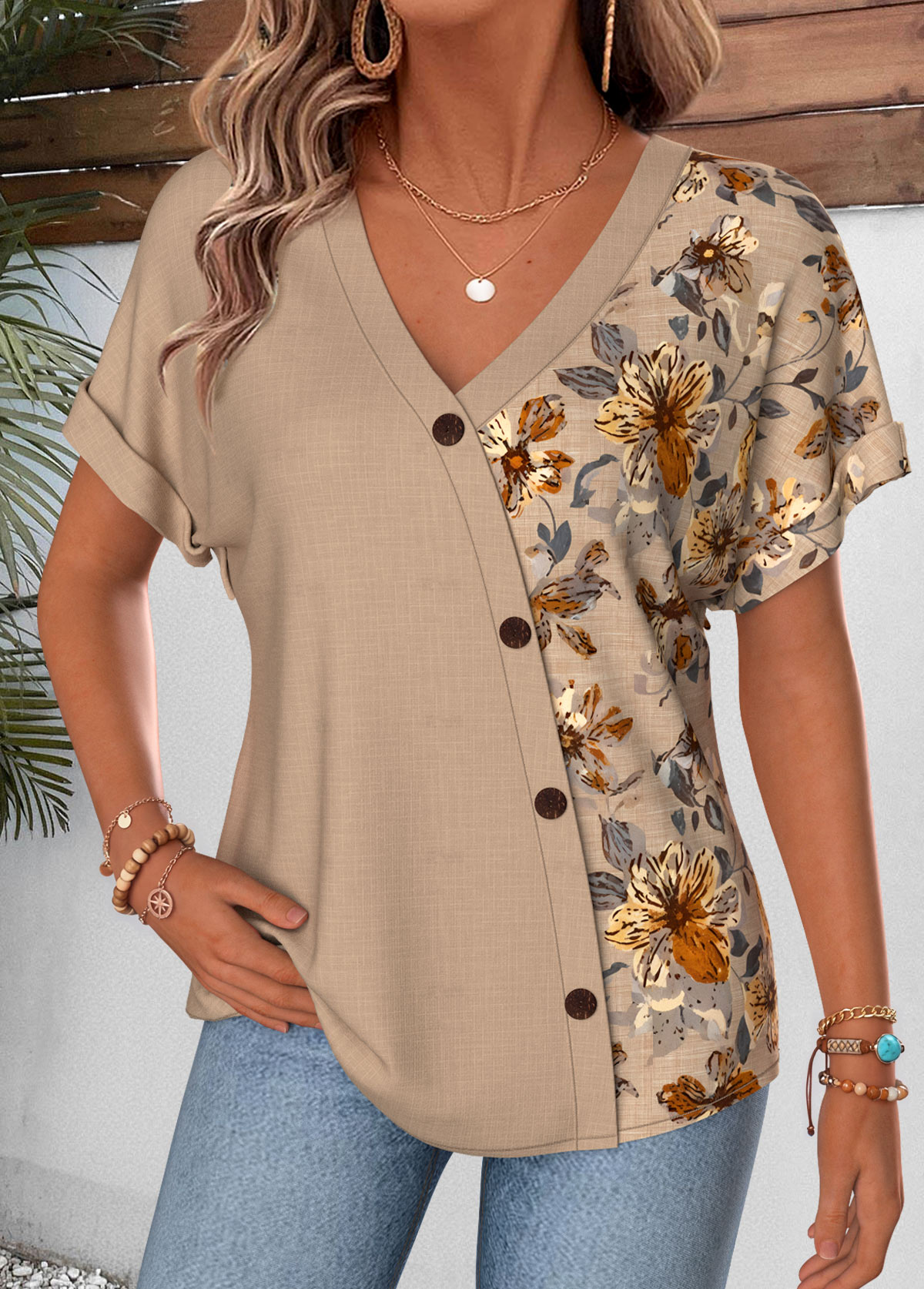 Light Coffee Floral Print Button Short Sleeve Blouse | picture 