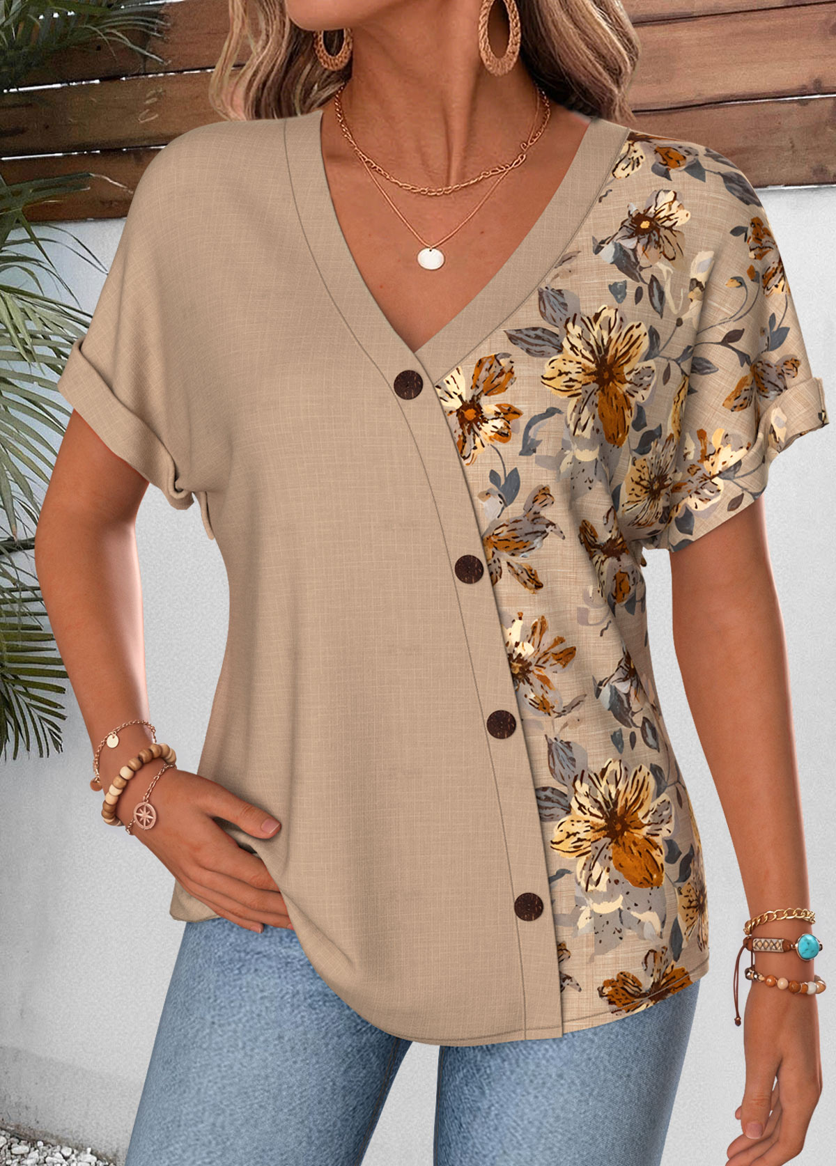 Light Coffee Floral Print Button Short Sleeve Blouse | picture 