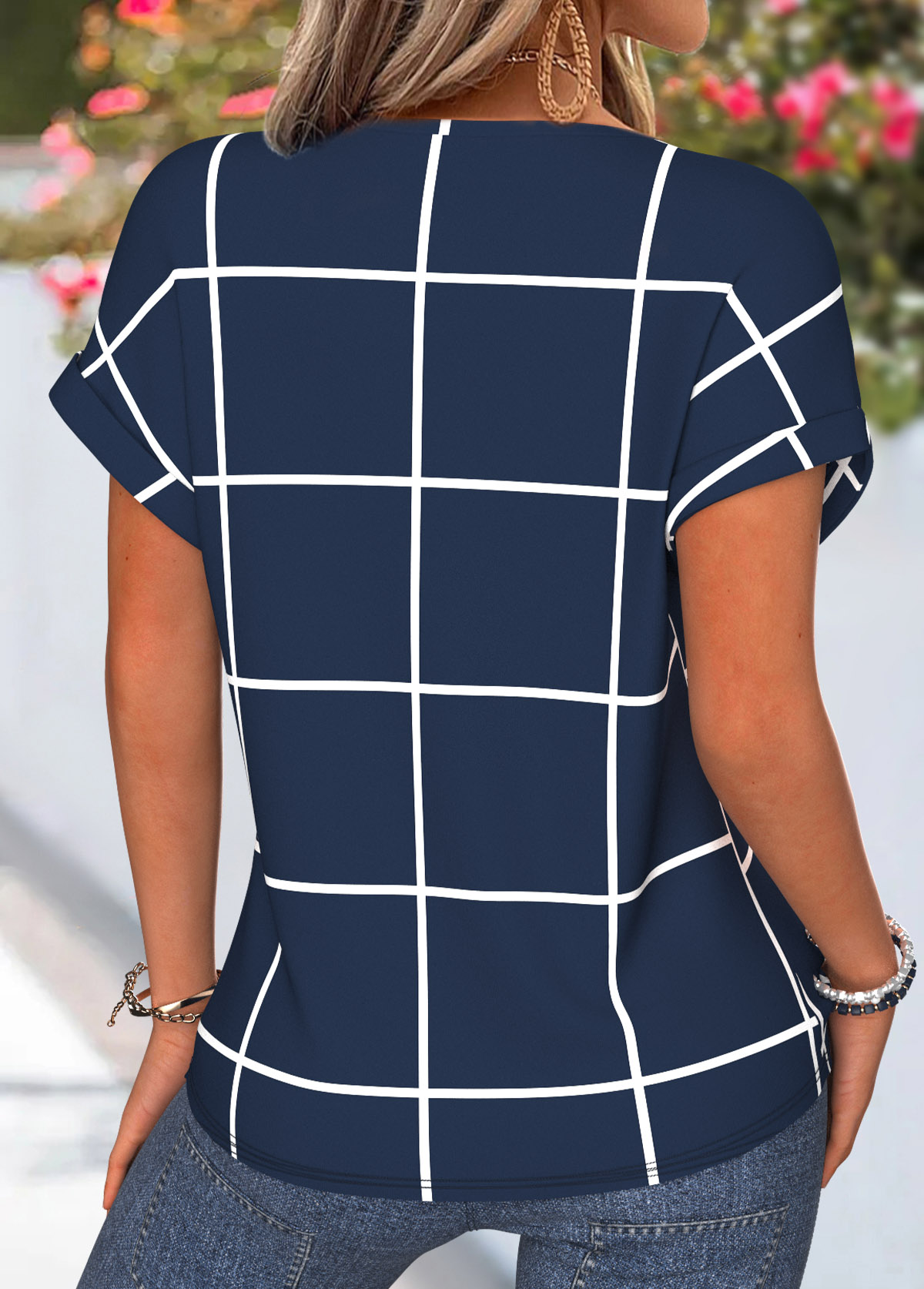 Navy Plaid Tummy Coverage Short Sleeve T Shirt | picture 