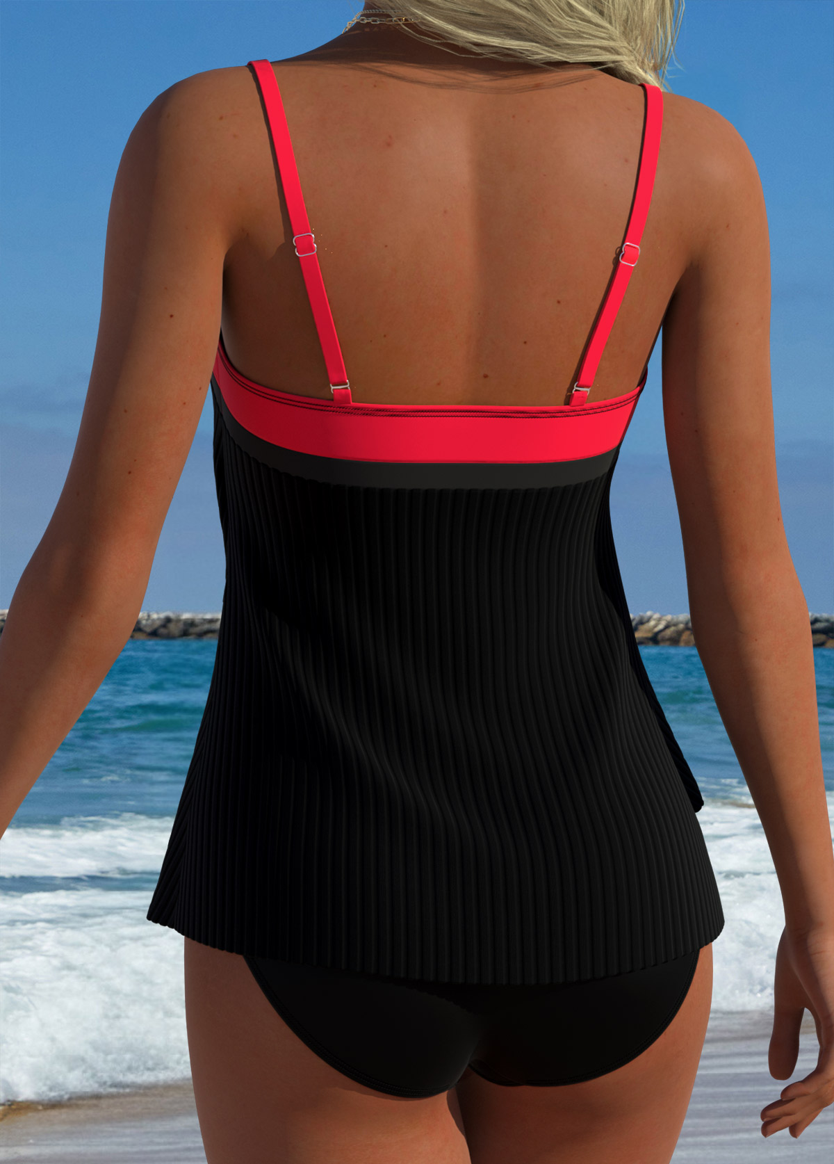 Black Layered Patchwork Bandeau Tankini Top-No Bottom | picture 