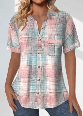 Light Pink Pocket Plaid Short Sleeve Shirt Collar Blouse