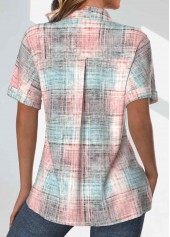Light Pink Pocket Plaid Short Sleeve Shirt Collar Blouse | thumb picture 
