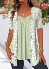 Sage Green Floral Print Fake Two Piece Twinset