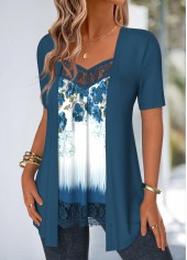 Peacock Blue Lace Floral Print Fake Two Piece Twinset | thumb picture 