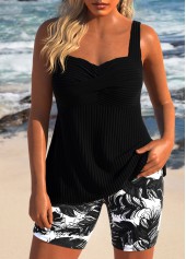 Surplice Feathers Print Black Tankini Set
