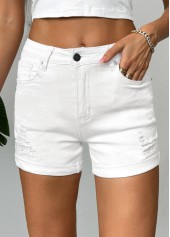 White Stretch Skinny Button Fly Mid Waisted Shorts