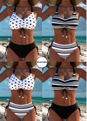Mid Waisted Reversible Striped Black Bikini Set