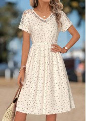 Beige Leaf Print Patchwork Short Sleeve V Neck Dress