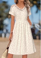 Beige Leaf Print Patchwork Short Sleeve V Neck Dress | thumb picture 
