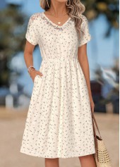 Beige Leaf Print Patchwork Short Sleeve V Neck Dress | thumb picture 