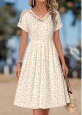 Beige Leaf Print Patchwork Short Sleeve V Neck Dress | thumb picture 