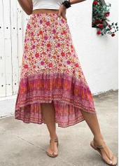 Hot Pink Floral Print A Line Elastic Waist Skirt
