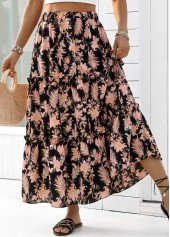 Black Floral Print A Line Elastic Waist Maxi Skirt