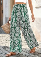 Green Tribal Print Wide Leg Elastic Waist Pants