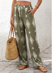 Olive Green Tribal Print Straight Leg Elastic Waist Pants