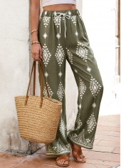 Olive Green Tribal Print Straight Leg Elastic Waist Pants | thumb picture 