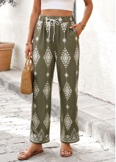 Olive Green Tribal Print Straight Leg Elastic Waist Pants | thumb picture 