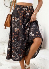 Black Floral Print A Line Elastic Waist Maxi Skirt | thumb picture 