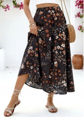 Black Floral Print A Line Elastic Waist Maxi Skirt
