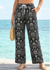 Black Tribal Print Straight Leg Drawastring High Waisted Pants | thumb picture 