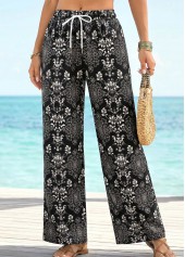 Black Tribal Print Straight Leg Drawastring High Waisted Pants