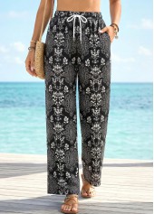 Black Tribal Print Straight Leg Drawastring High Waisted Pants | thumb picture 