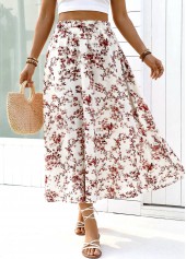 White Floral Print A Line Elastic Waist Maxi Skirt | thumb picture 