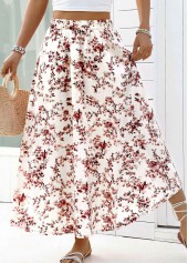 White Floral Print A Line Elastic Waist Maxi Skirt