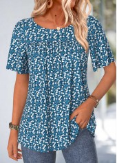 Blue Ditsy Floral Print Smocked Short Sleeve T Shirt