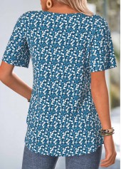 Blue Ditsy Floral Print Smocked Short Sleeve T Shirt | thumb picture 