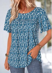 Blue Ditsy Floral Print Smocked Short Sleeve T Shirt | thumb picture 