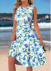 Multi Color Floral Print Shirred Sleeveless Round Neck Dress