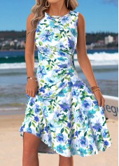 Multi Color Floral Print Shirred Sleeveless Round Neck Dress | thumb picture 