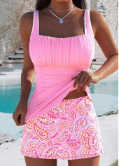 Thigh Slimmer Mid Waisted Paisley Print Pink Tankini Set