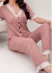 Pink Short Sleeve V Neck Lounge Top and Pants