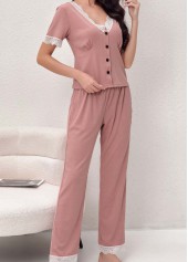 Pink Short Sleeve V Neck Lounge Top and Pants | thumb picture 