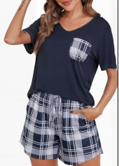 Navy Plaid Short Sleeve Lounge Top and Shorts