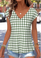 Green Plaid Bowknot Short Sleeve V Neck T Shirt | thumb picture 