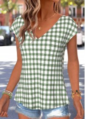 Green Plaid Bowknot Short Sleeve V Neck T Shirt | thumb picture 