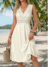 Beige Shirred Sleeveless V Neck Dress
