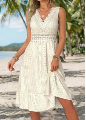 Beige Shirred Sleeveless V Neck Dress | thumb picture 