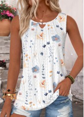 White Floral Print Tuck Stitch Sleeveless Tank Top