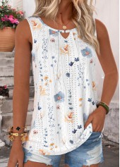 White Floral Print Tuck Stitch Sleeveless Tank Top | thumb picture 